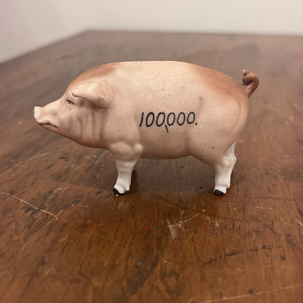 Vintage rare Small Porcelain Standing Pink Pig Hand, 100,000 Signed On Side